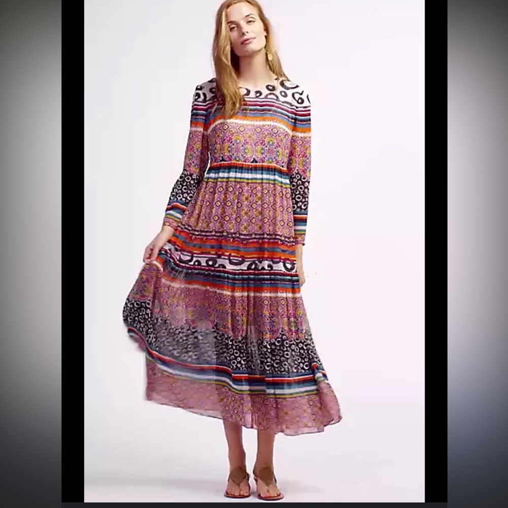 Anthropology Colorful Long Sleeve Maxi Dress